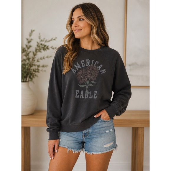 American Eagle Outfitters Tops - American Eagle Womens Sunflower Graphic Sweatshirt Washed Black Raglan